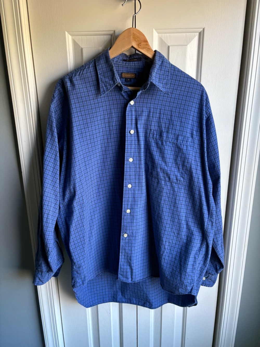 Coach Men's 80's Two Ply Cotton Long Sleeve Button Down Shirt Blue Plaid Size M